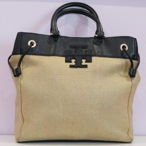 Tory Burch Straw T LOGO Black Leather Trim Shoulder Tote Purse RARE!!!!!